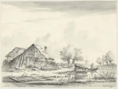 Landschap met boerenwoning bij water