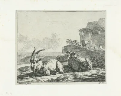 Landschap met bok en twee schapen