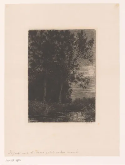 Landschap met bomen aan het water in maanlicht