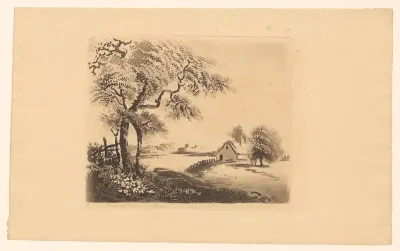 Landschap met bomen bij een huis