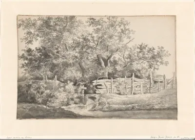 Landschap met bomen, een hek en een bruggetje