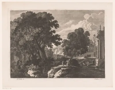 Landschap met bomen en antieke ruïnes