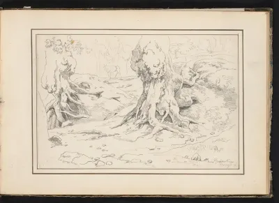 Landschap met bomen en boomwortels, met op de achtergrond een paard, te Roccantica