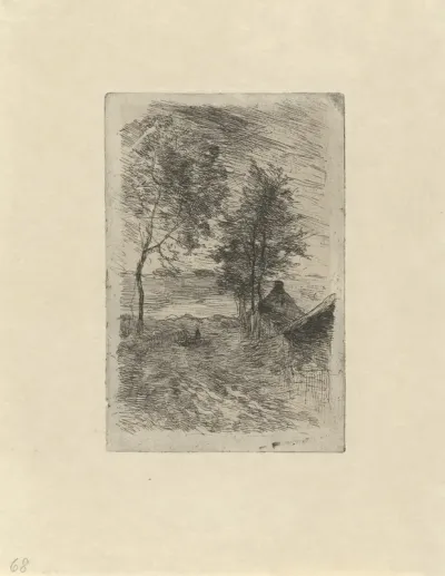 Landschap met bomen en een huis