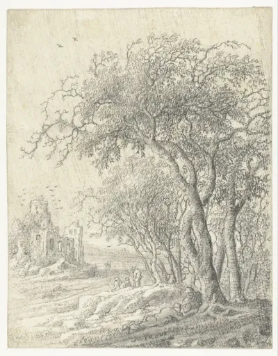Landschap met bomen en een ruïne