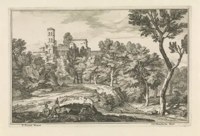 Landschap met bomen en een toren