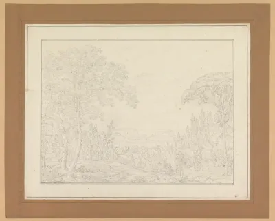 Landschap met bomen en een vergezicht op zee, nabij Napels