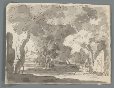 Landschap met bomen en fontein