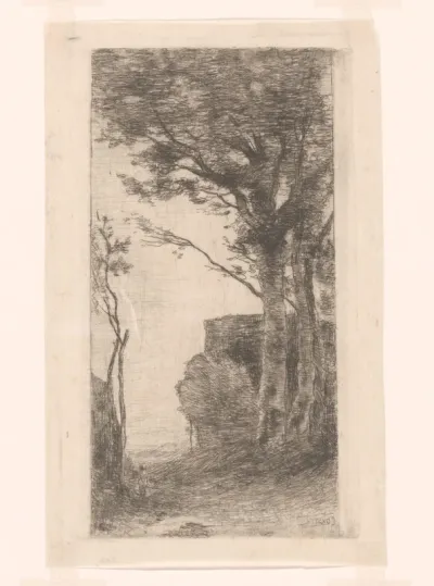 Landschap met bomen en gebouw