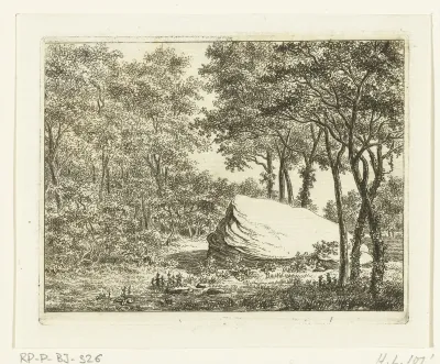 Landschap met bomen en grote steen