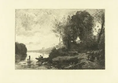 Landschap met bomen en huizen aan rivier