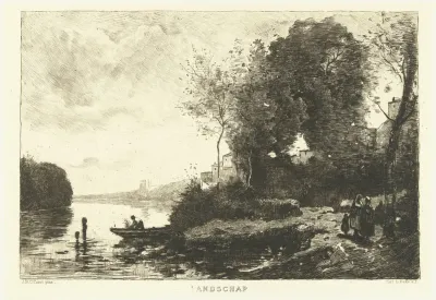Landschap met bomen en huizen aan rivier
