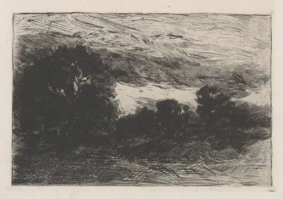 Landschap met bomen en stormachtige lucht