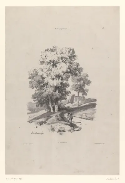 Landschap met bomen en twee figuren op een weg