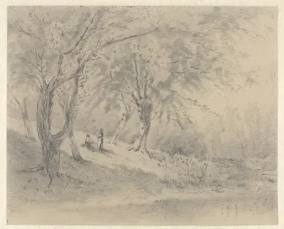 Landschap met bomen en twee figuren