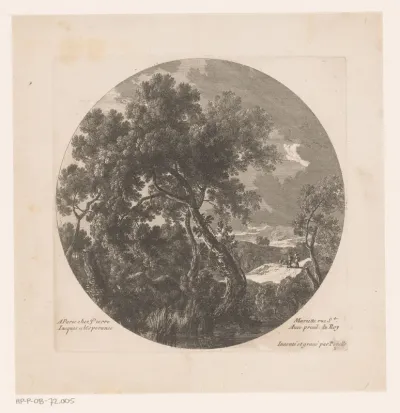 Landschap met bomen en twee herders bij kudde