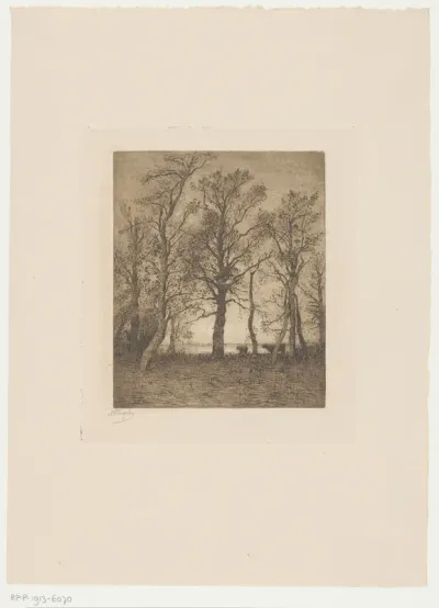 Landschap met bomen en twee koeien