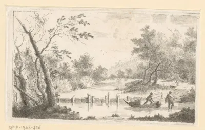 Landschap met bomen en twee personen bij een roeiboot