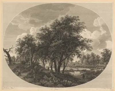 Landschap met bomen en vier wandelaars