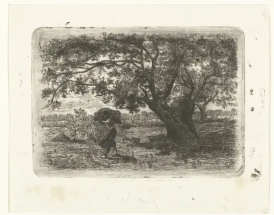 Landschap met bomen en vrouw met takkenbos