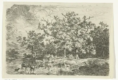 Landschap met bomen en vrouw op ezel in ondiep water