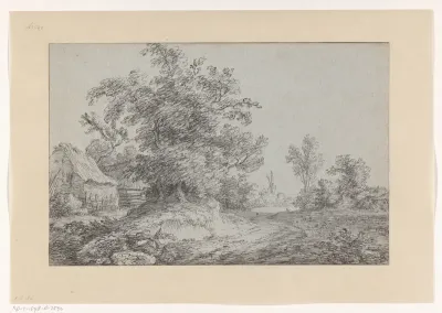 Landschap met bomen, huizen en een windmolen