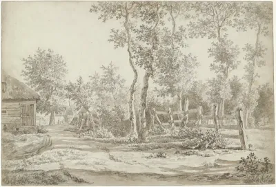 Landschap met bomen, huizen en rechts een hek