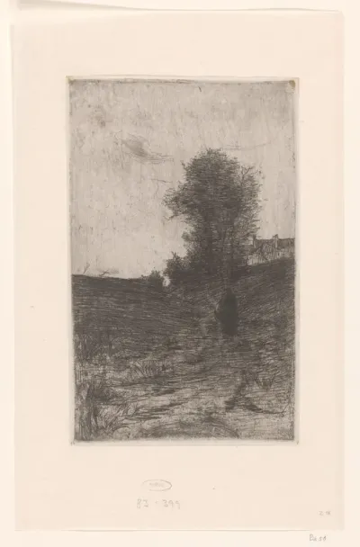 Landschap met bomen, huizen en wandelend figuur