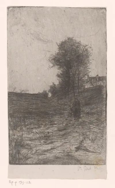 Landschap met bomen, huizen en wandelend figuur