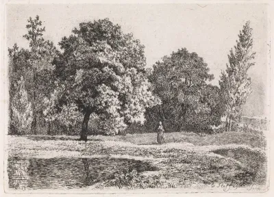Landschap met bomen, meer en een vrouw