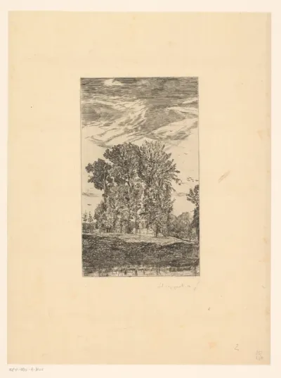 Landschap met bomen op de oever en een boot in het water