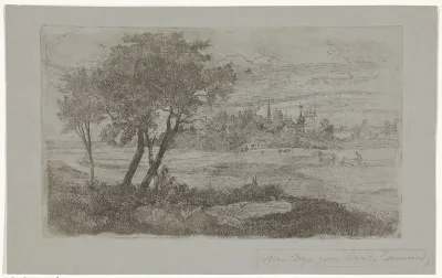 Landschap met bomen op de voorgrond en een ploeg op de akker