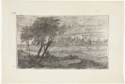 Landschap met bomen op de voorgrond en een ploeg op de akker