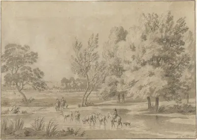 Landschap met bomen, ruiters en enkele koeien in een drenkplaats