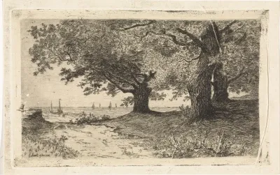 Landschap met bomen, strand en zee