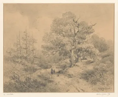 Landschap met bomen, twee figuren en een hond