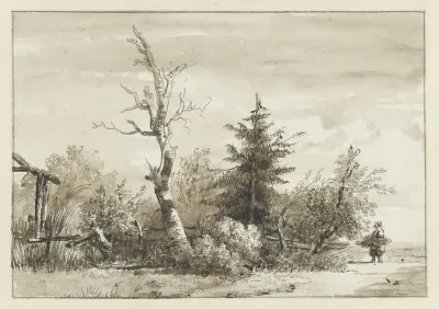 Landschap met bomengroep en rechts een sprokkelaarster