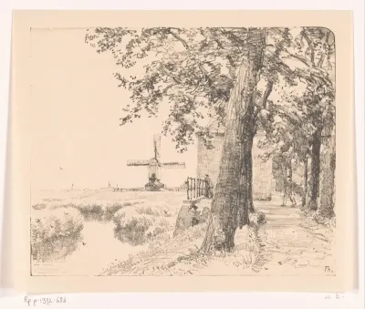 Landschap met bomenlaan en molen