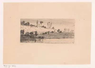 Landschap met bomenrijen achter een meer