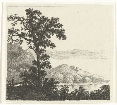 Landschap met boom bij een rivieroever
