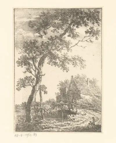 Landschap met boom, brug en huis