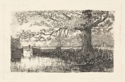 Landschap met boom en brug