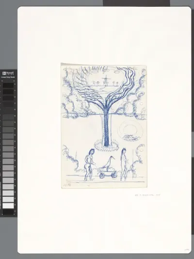 Landschap met boom en daarin een molen