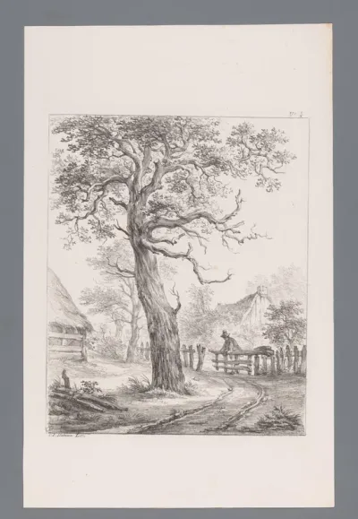 Landschap met boom en man bij een hek