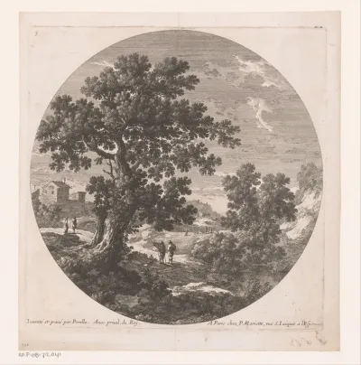 Landschap met boom en wandelaars
