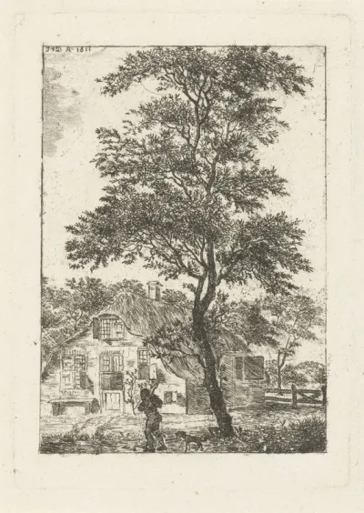 Landschap met boom voor boerderij en man met hond