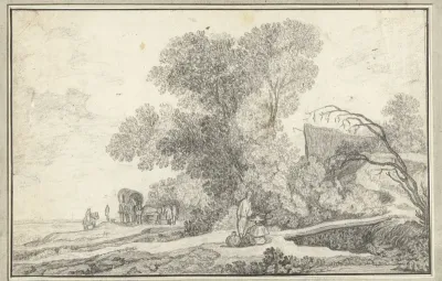 Landschap met boomgroep en huifkar
