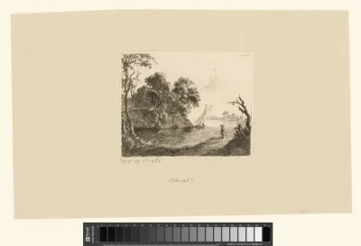 Landschap met boot aangemeerd aan een rots, eenzame figuur aan overkant van het water