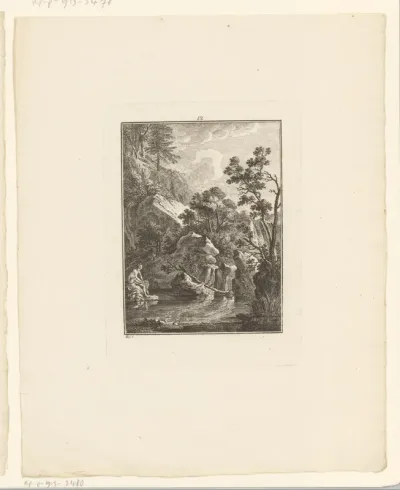 Landschap met bosmeer en badende vrouw