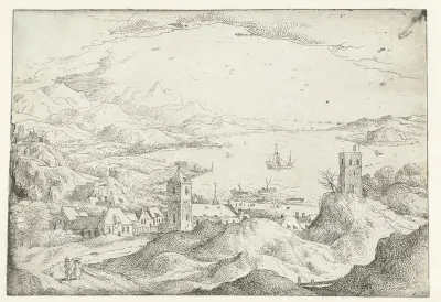 Landschap met brede rivier en dorp